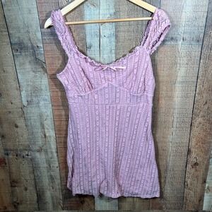 Y2K Pink Pointelle Knit Mini Dress Lace Trim Square Neck Cami Large Coquette